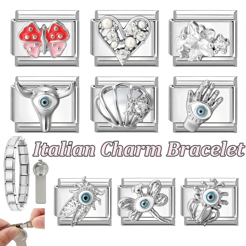 New Fashion Y2K Eyes Star Cherry Rose Butterfly Crown Shiny Italian Charm Links Fit 9MM Stainless Steel Bracelet DIY Making Gift