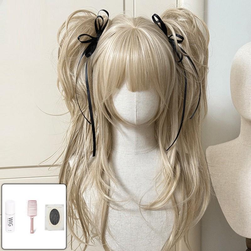Lolita Wig With High Layered Long Wavy Hair Twin Ponytail Clip-on Set Silk Base Cap Heat Resistant Synthetic Fiber Cosplay