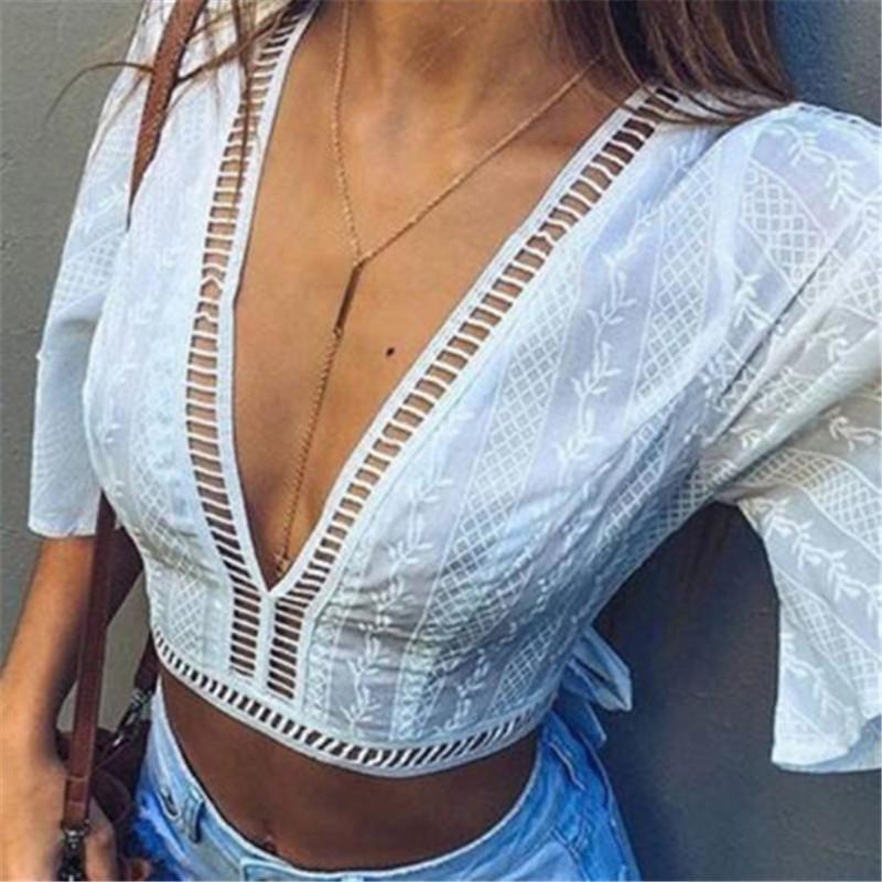 

Fashion Women See through Crop Tops Lady Lace Mesh Sheer Half Sleeve Crop Top Loose T Shirt Tee White Deep V-neck T-shirt XL білий