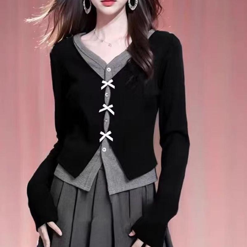 Autumn and winter slim-fit design short fake two-piece blouse, all-match fashion V-neck women's long-sleeved T-shirt 2647#