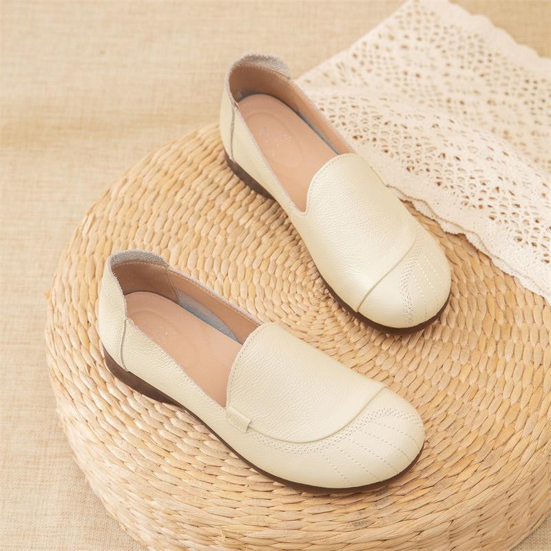 2025 Spring Genuine Leather Women's Shoes Comfortable Cowhide Soft Sole Casual Women Flat Heel Shoes Non slip Mom's Shoes
