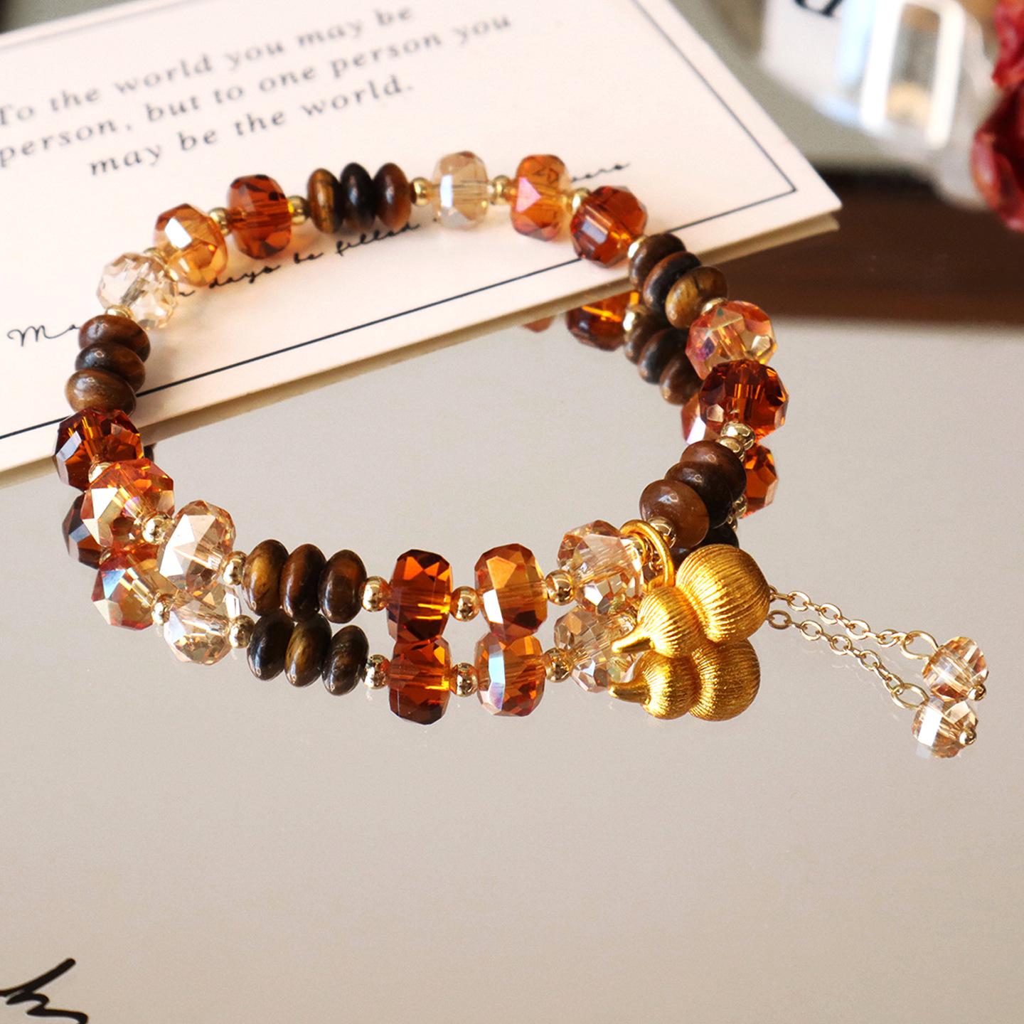 

18k Gold Plated Tiger Eye Gourd Beaded Bracelet - Retro Y2K High-End Jewelry for Women