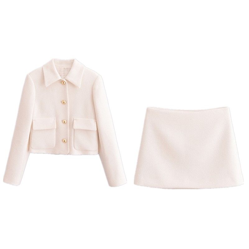 Fashion Style 2024 New Fall Women's Clothing Lapel Long Sleeves Symmetrical Pocket Short Tweed Short Coat Skirt