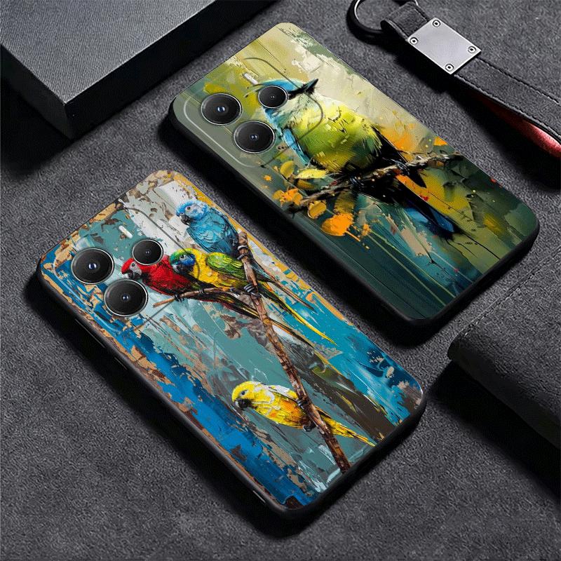 Bird Oil Painting Style Soft Phone Case for Xiaomi Redmi Note 12 13 14 15 Pro Plus 11 12S 11S 11T 10 4G Black Cover Back Shell