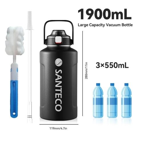 Vakuově izolovaná láhev na vodu SANTECO 1900ml, velká kapacita, udržuje nápoje teplé i studené, včetně brčka, kompatibilní s přímým pitím sportovních nápojů.