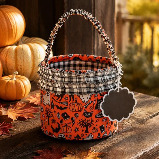Reusable Holiday Pouch Halloween Pumpkin Ghost Treat Tote, Cute Lace Handle Candy Basket for Festival Bucket Kids, Spooky Gift Bag Trick or