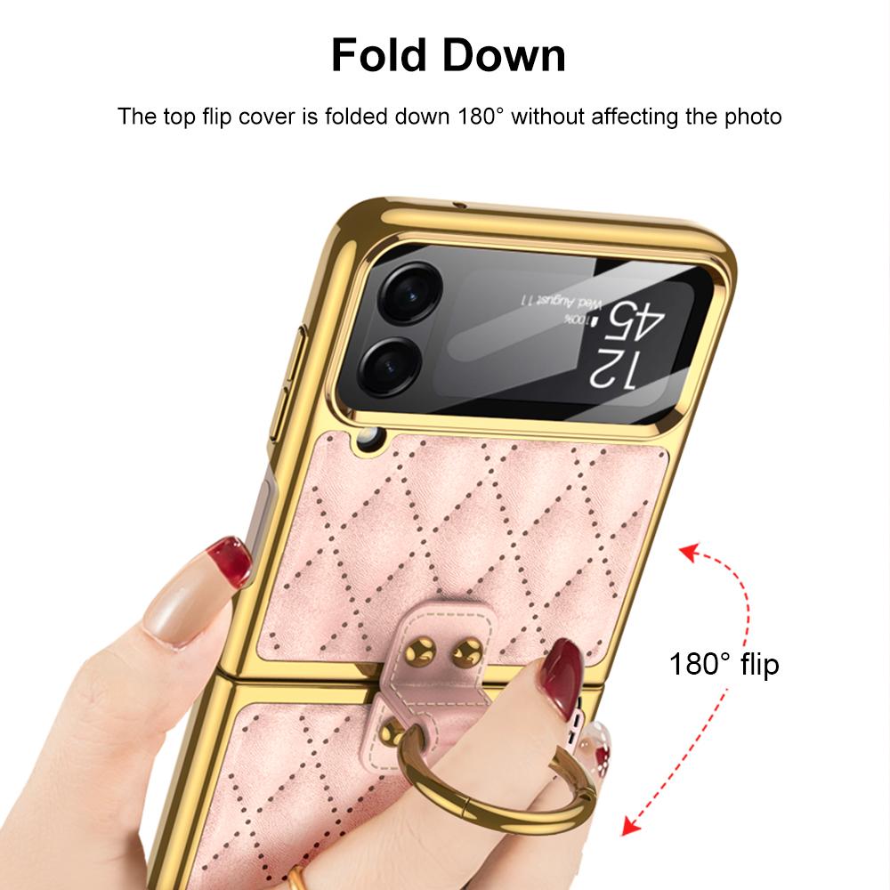 Luxury Plating Leather Case For Samsung Galaxy Z Flip 4 5g Shockproof Hard Cover Stand For Samsung Z Flip4 Case With Ring Holder