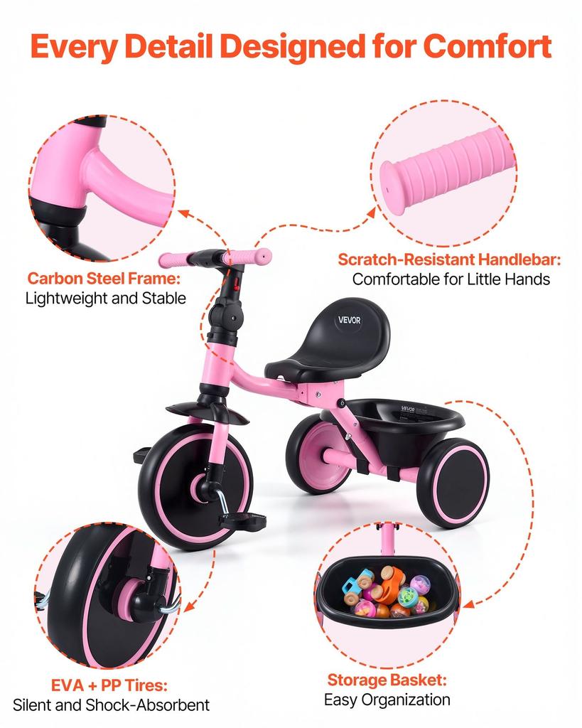 Toddler Tricycle for 2-5 Year Old, Folding Kids Trike with Adjustable Seat, Storage, Carbon Steel Frame, Handlebar Grips for Outdoor Play, Tricycle