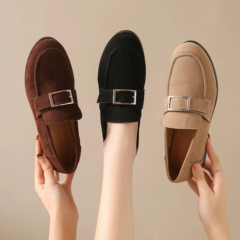 Neue Schuhe mit runder Spitze für Damen, lässig, im britischen Stil, Retro, aus weichem Leder, für den täglichen Gebrauch, schlicht, mit Schnalle, flache Schuhe, Zapatos De Mujer