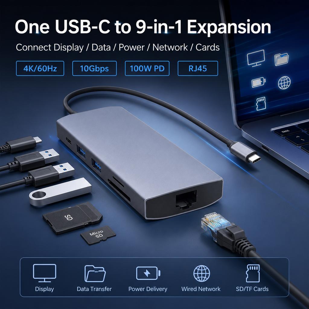 9 in 1 USB C Hub 10Gbps USB 3.2 Gen2 Dual Type C 4K 60Hz Video Gigabit Ethernet RJ45 100W PD SD TF Docking Station MacBook