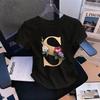 Camiseta elástica de manga corta con letras florales S para mujer, definición de cintura, cuello redondo, camiseta gráfica