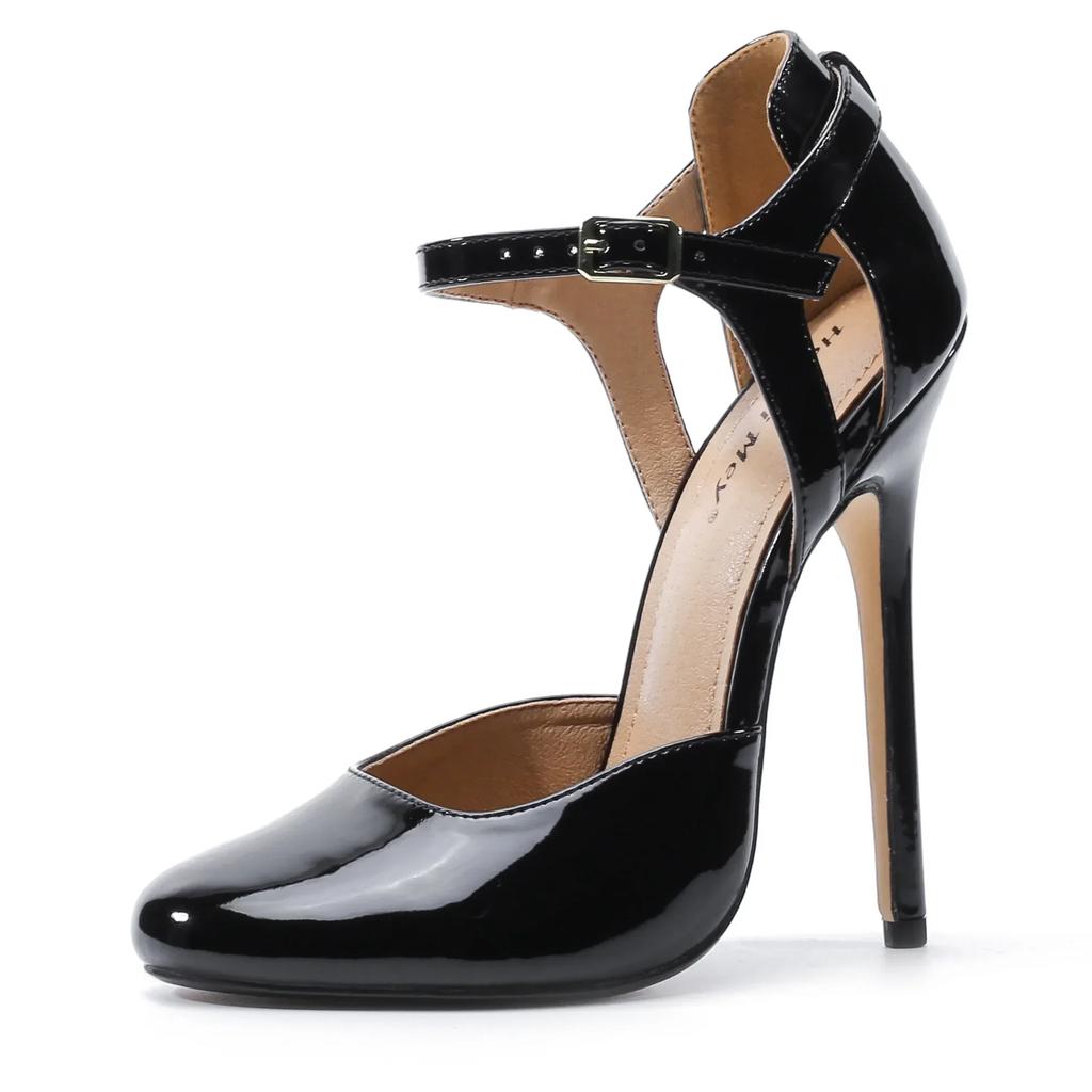 Neue Modenschau Sexy Sandalen Damen Klassiker Schnallenriemen PU 14CM Dünne Absätze Mode Damen Pumps Damenschuhe Pumps Schwarz