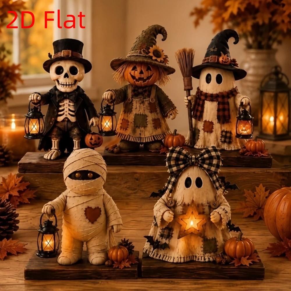 2D Flat Mummy Pumpkin Scarecrow Statue Vintage Plaid Bow Ghost Ornament Thanksgiving
