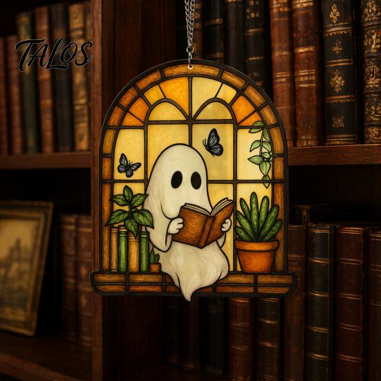 Window Suncatcher Decoration Halloween Ghost Reading Sun Catcher, Stained Glass Style Hanging Acrylic Catcher Ornament, Cute for Home Garden