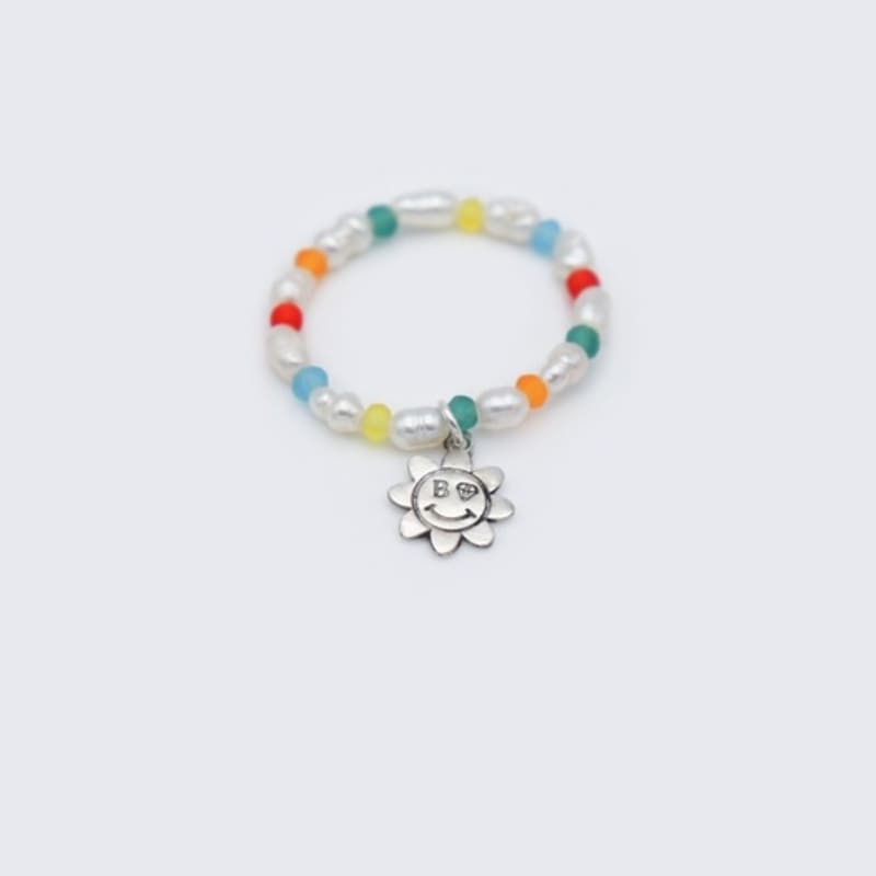 

BONBEAU Mini Smile Water Pearl Beads Ring Mini Silver Flower Smile Banding Freshwater Pearl Bead Ring 7