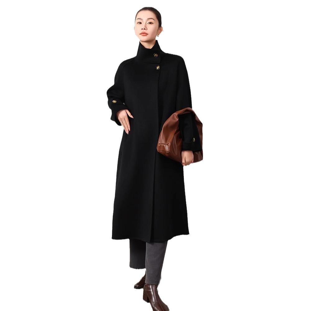 Double-Sided Cashmere Wool Coat, Women's 2024, 100% Wool, Stand Collar, Hepburn Style, Long and Loose Fit.