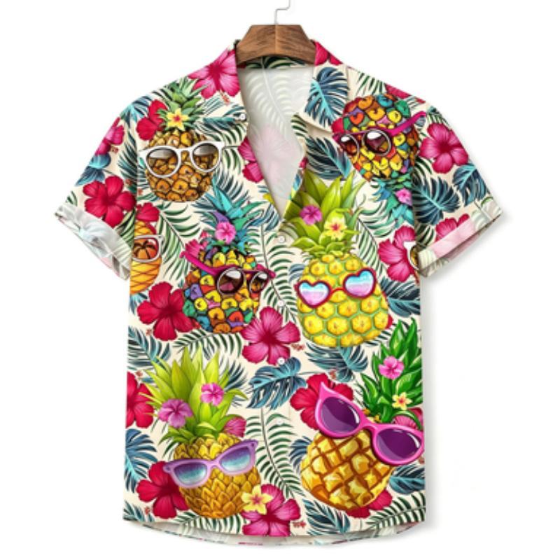 Men's short sleeved shirt with collar and short sleeved shirt, sunglasses, pineapple printed Hawaiian hibiscus flower