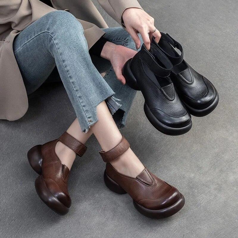 Johnature Genuine Leather Round Toe Thick Sole Pumps Casual Comfortable Hook & Loop Women's Shoes