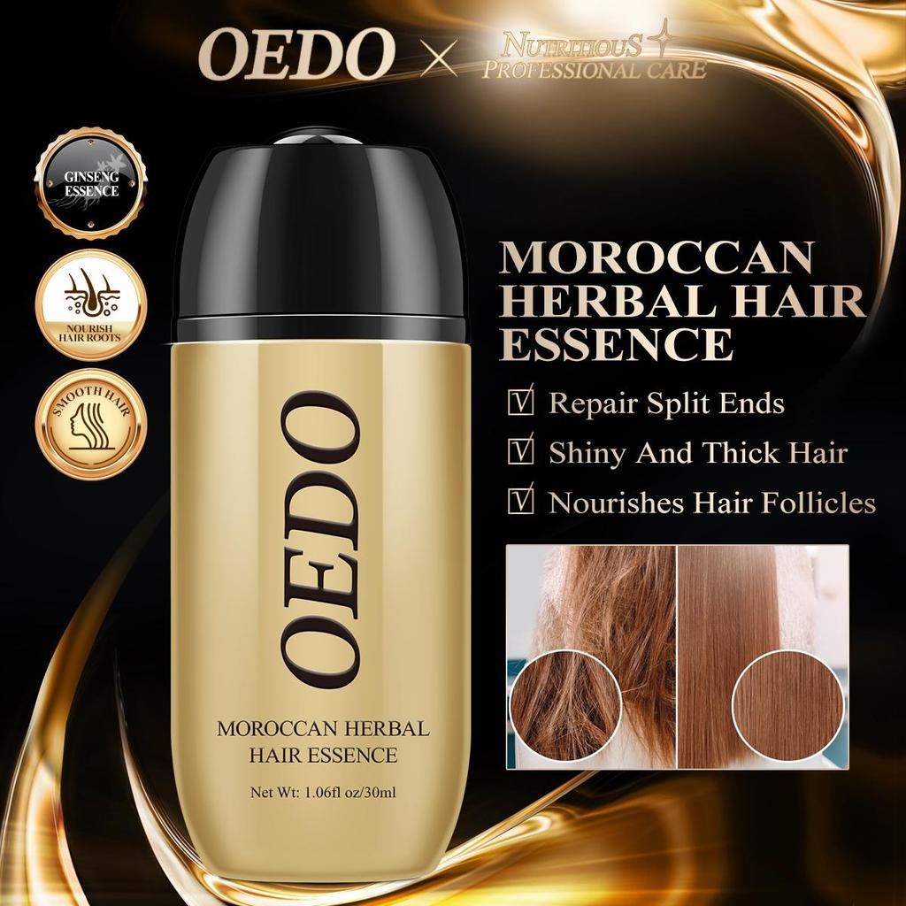 OEDO L'essence capillaire à base de plantes marocaines répare les permanentes et les follicules pileux endommagés après la teinture, prévient la chute des cheveux, nourrit les cheveux, les adoucit et les fait briller.