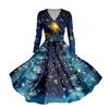 Damen-Swing-Kleid mit Weihnachtsbaum- und Schneeflocken-Print, V-Ausschnitt, schmale Passform, langärmelig