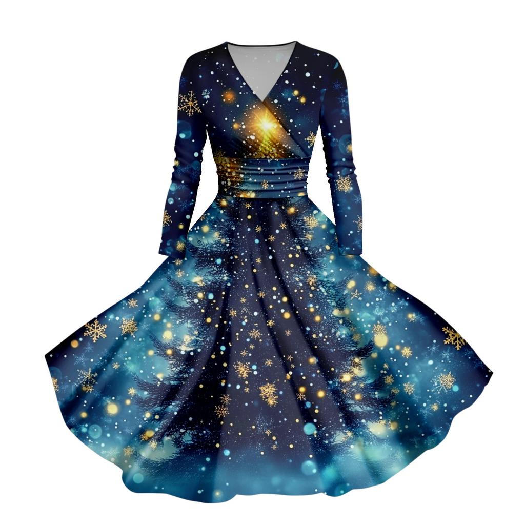 Damen-Swing-Kleid mit Weihnachtsbaum- und Schneeflocken-Print, V-Ausschnitt, schmale Passform, langärmelig