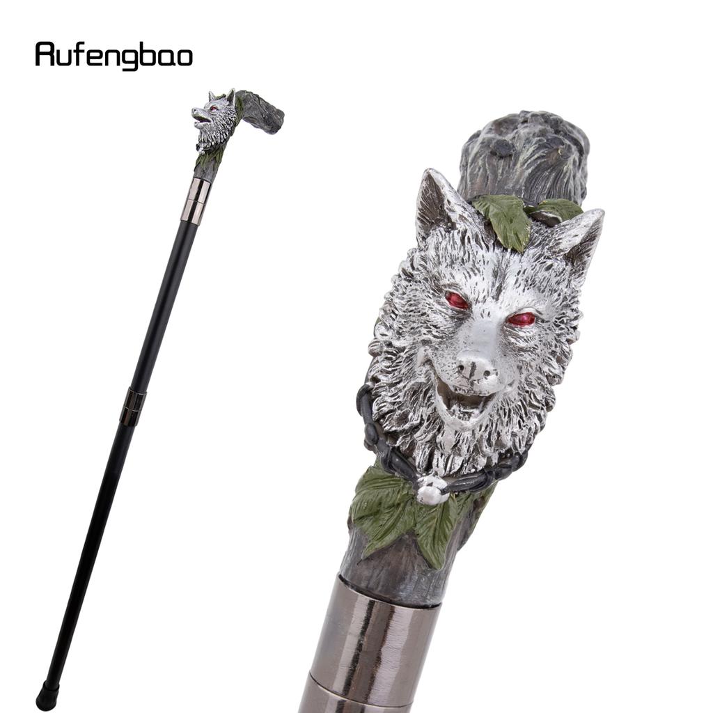 Silver Harts Varghuvud Trärot Gåkäpp Mode Dekorativ Stålstav Gentleman Elegant Cosplay Käpp Knopp Biskopsstav 93cm
