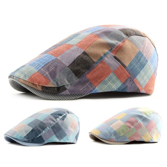Fashion Men Women Plaid Cotton Newsboy Hat Flat Cap Adjustable Beret with Visor