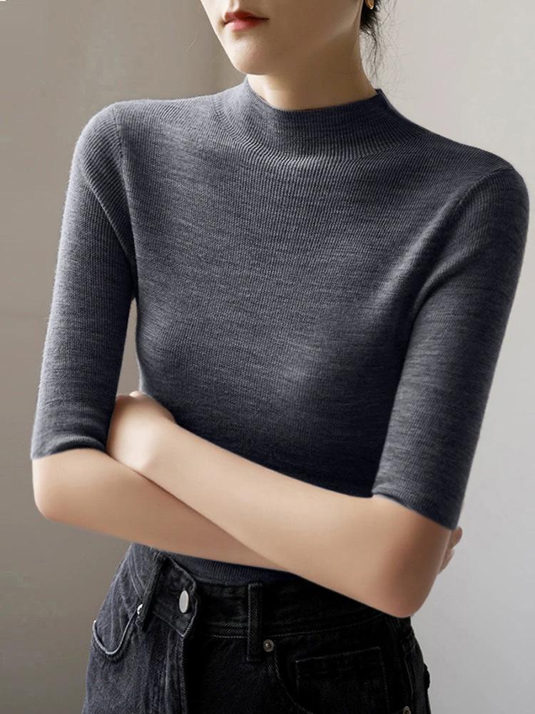 Women Mock Neck Pullover Five‑Quarter Sleeve Slim Knit Sweater Solid Color Basic Undershirt S‑3XL