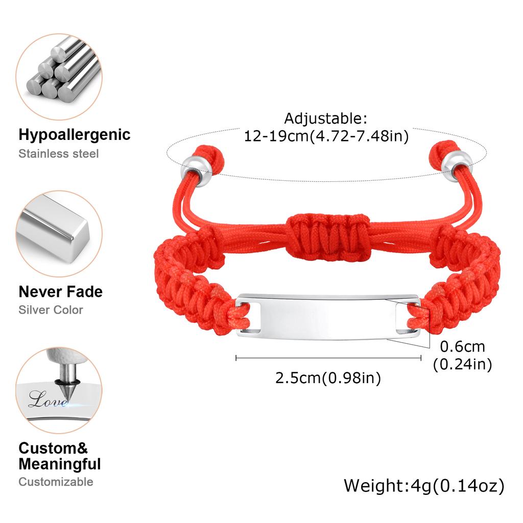 Pulsera de Identificación con Grabado Gratuito de Nombre y Fecha para Bebé, Pulseras de Acero Inoxidable marca Bent con Trenzado de Cuerda de Nylon Rojo, Joyería Ajustable Regalos