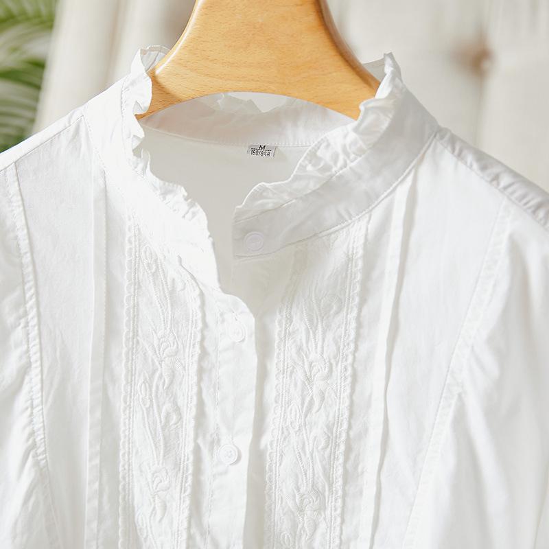 Black Fungus Neck Long Sleeve White Top for Women Updated Embroidered Top Temperament Lady Pure Cotton Top