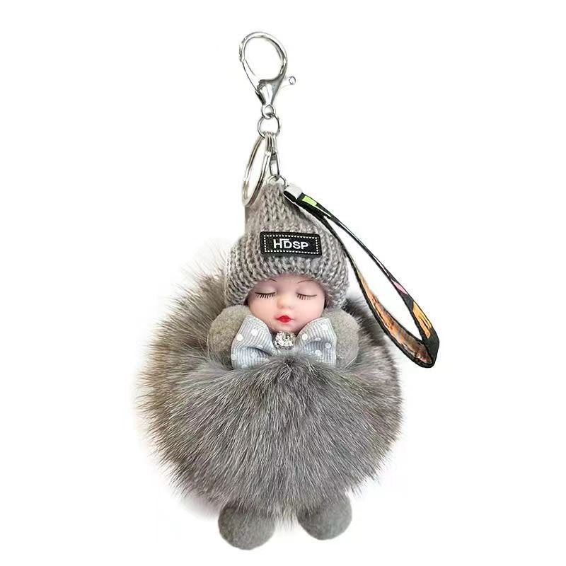 Faux Fox Fur Sleep Doll Bag Charm With Handmade Craft For Car Keychain And Backpack Decor