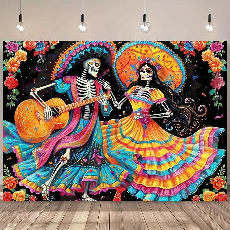 One piece Mexican Day of the Dead themed background cloth Mexican carnival skeleton couple and flower cartoon ghost