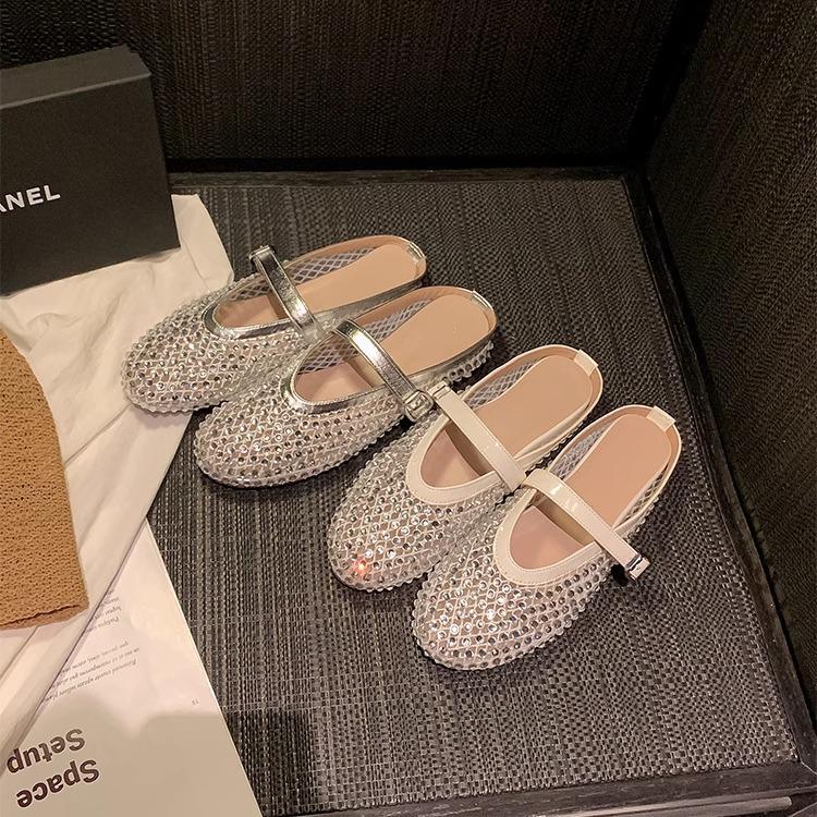 Sheepskin version~ Rhinestone mesh breathable word with bag head half slippers women wear casual holiday sandals