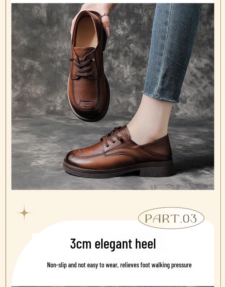 British Style Medium Heel Cowhide Loafers - Retro Round Toe Women's Leather Shoes