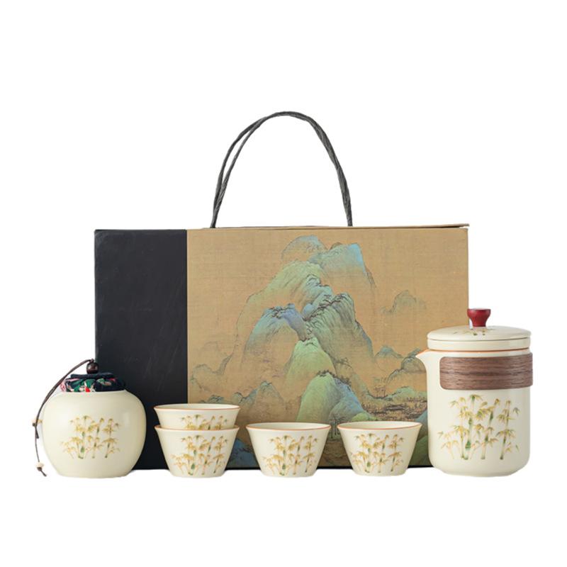 Ru kiln gold silk ancient rhyme Guochao ceramic kung fu travel tea set thousand miles of Jiangshan high-end gift box