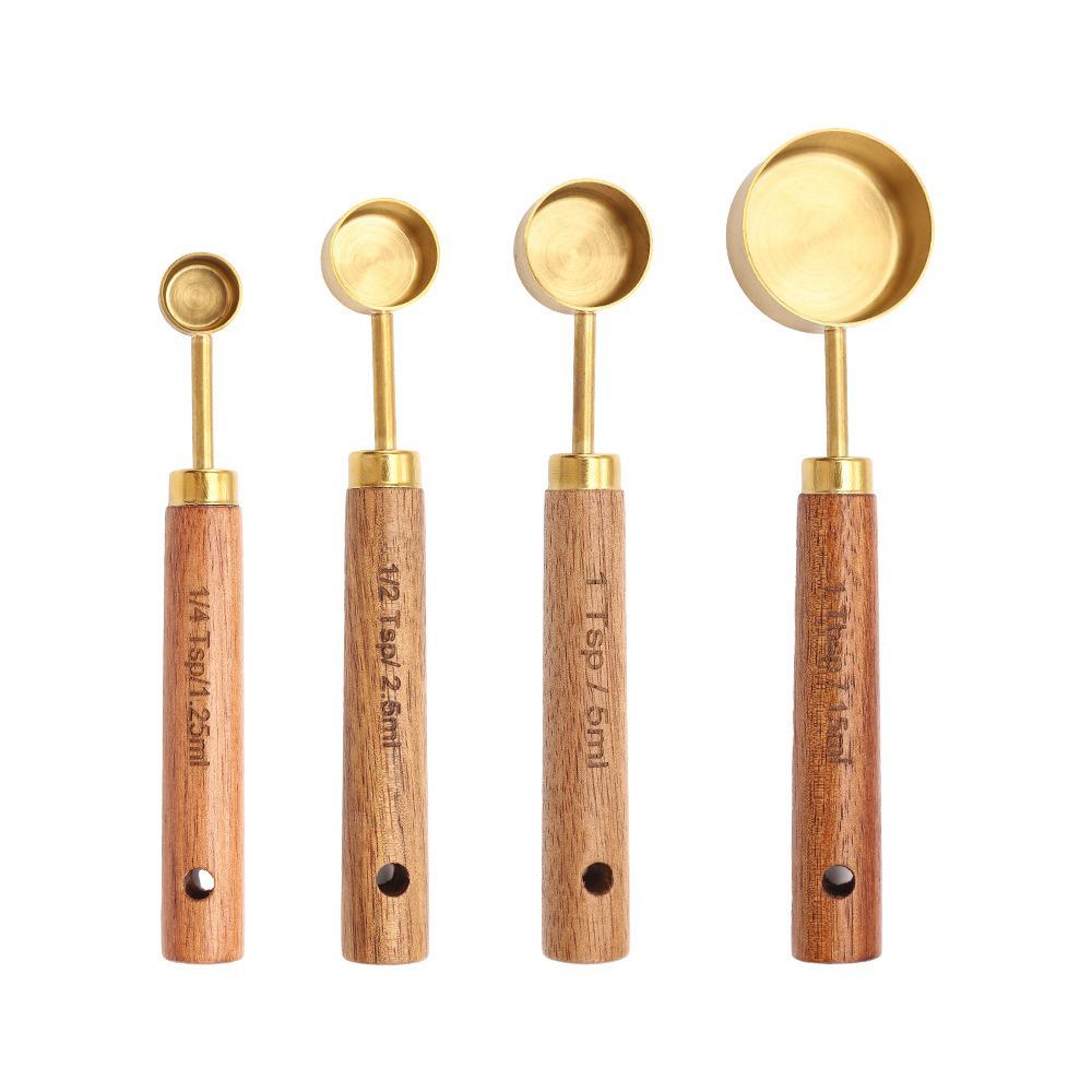 Gold Stainless Steel Measuring Cups & Spoons Set with Acacia Wood Handles - 8-Piece Baking Tool Set