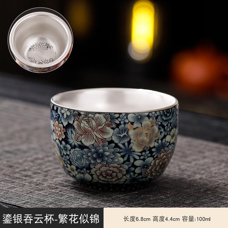 Antique Blue And White Silver Gilded Large Master Tea Cup Handmade Ceramic Chinese Gongfu Teaware Collector Gift