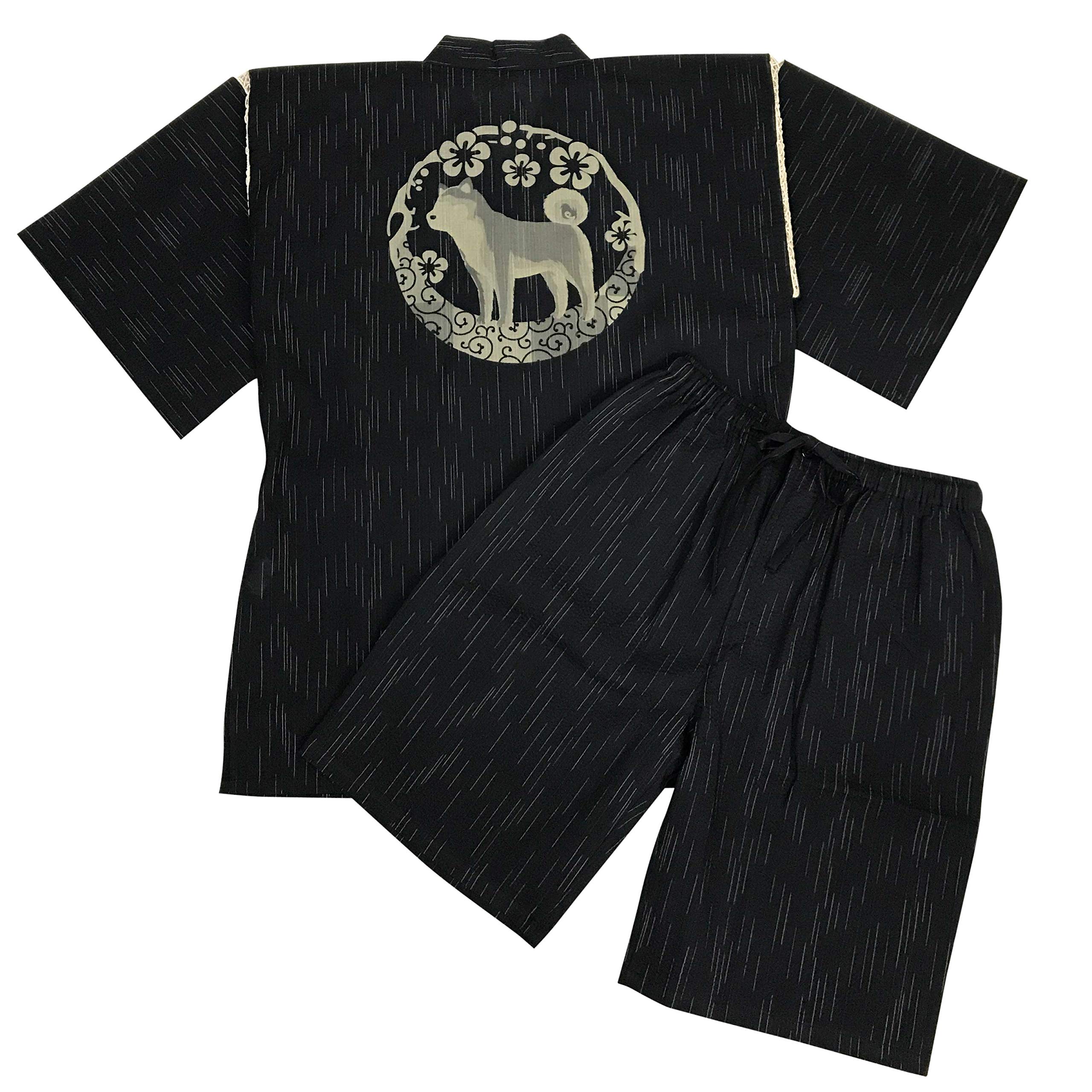 

Jinbei Shijira Weave Cool Summer Cotton Discharge Original Pattern Japanese Pattern Shiba Inu and Plum Arabesque Black M [Edo Ten] 100%