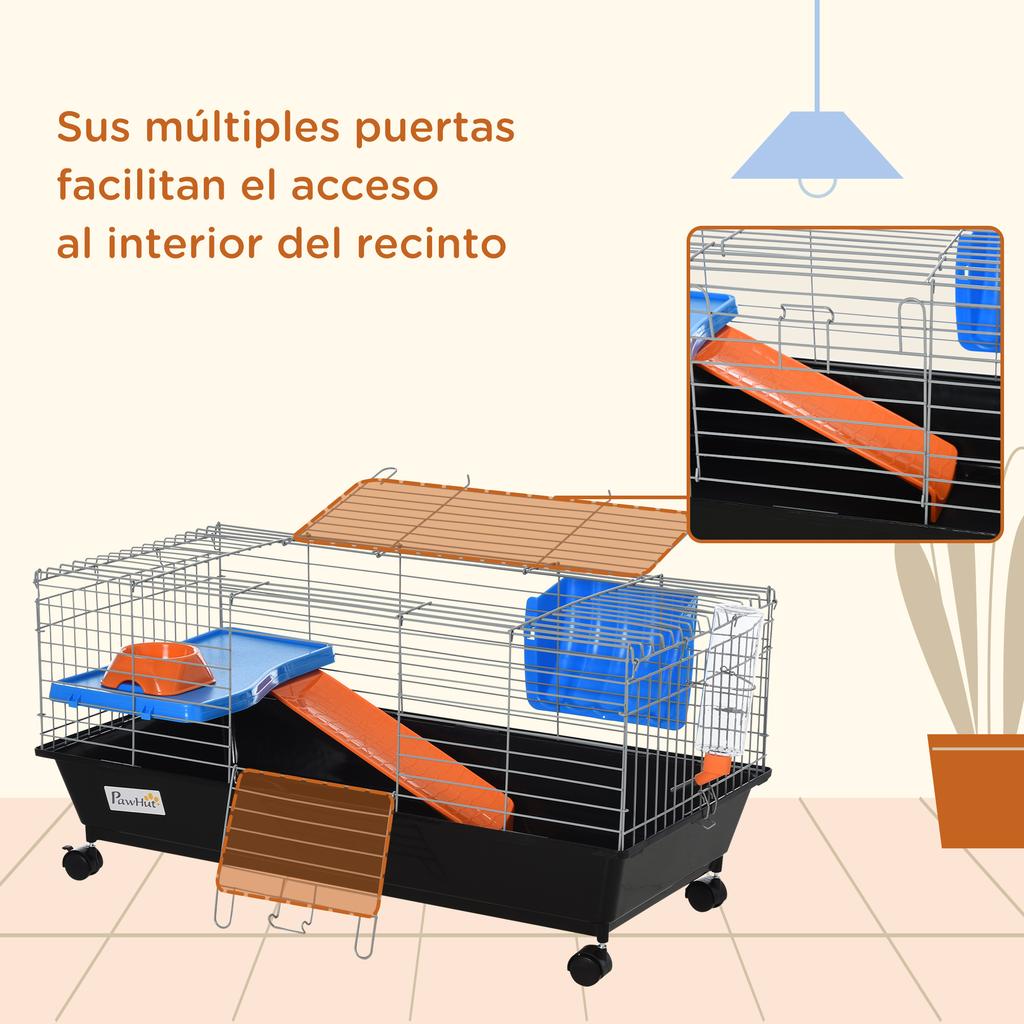Small Rodent Cage with Wheels, Habitat for Ferrets, Guinea Pigs with Feeder, Water Bottle, Ramp and Opening Roof, 89x44x43 cm, Black