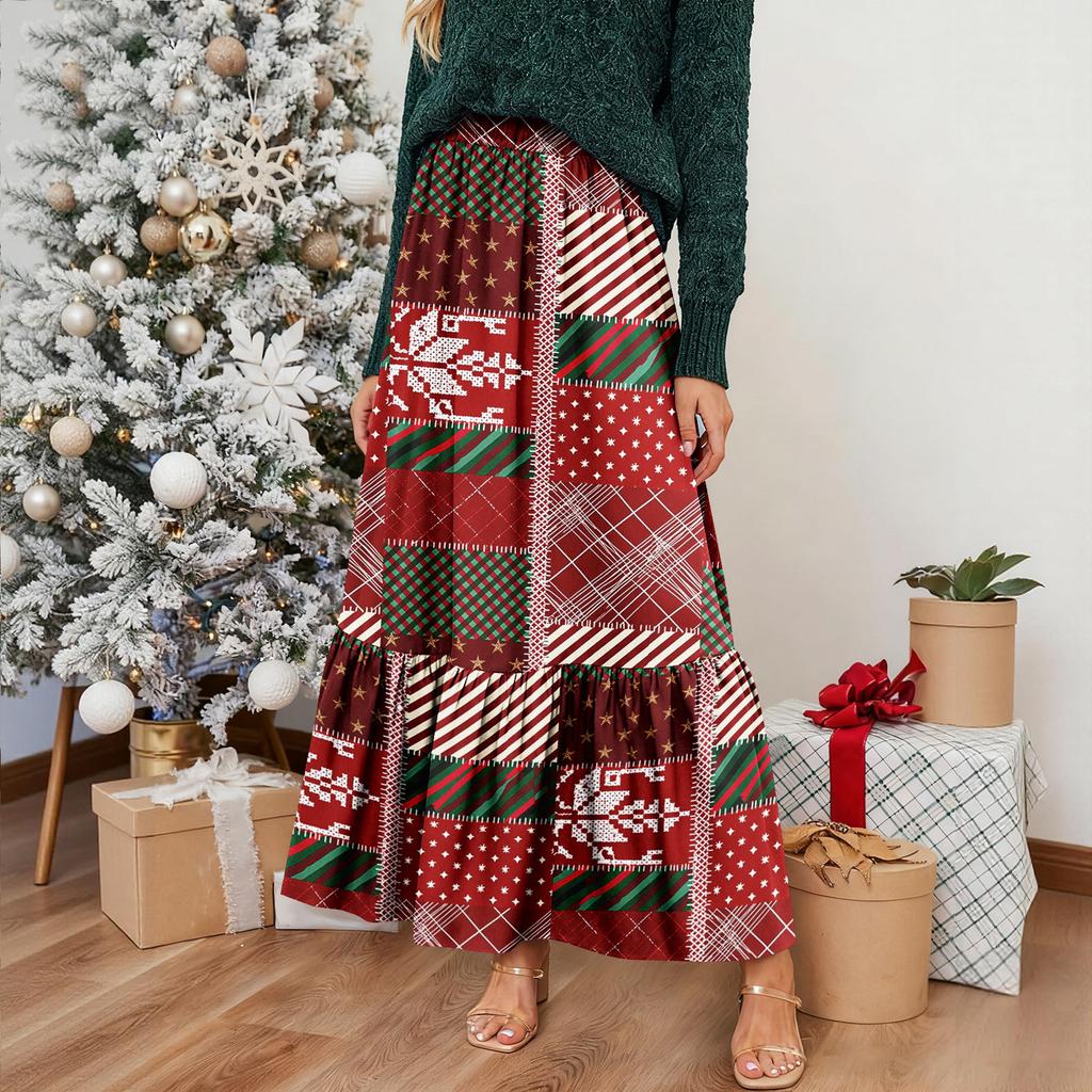 Women's Ruffled Casual Long Skirt Plaid Skirt Retro Pleated Skirt