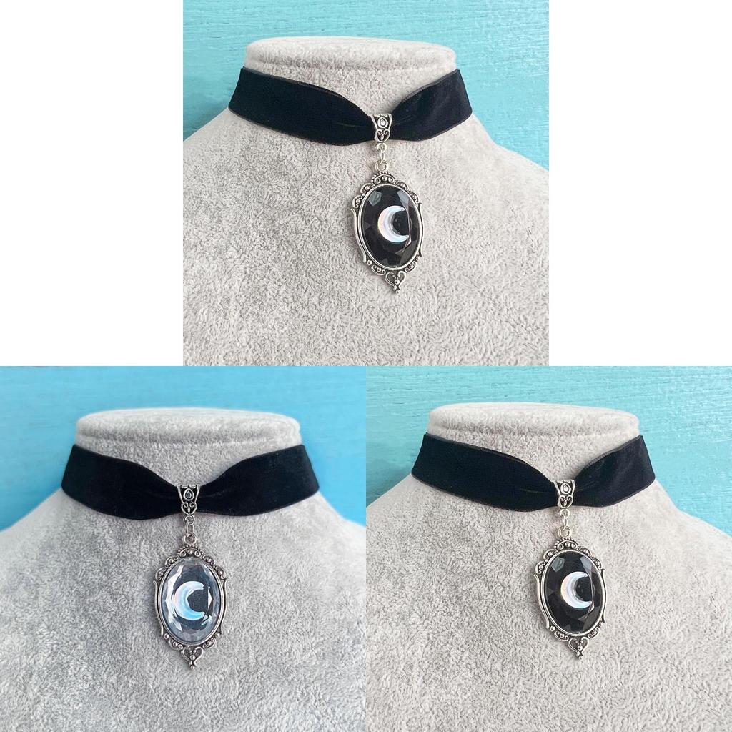 Gothic Black Velvet Necklace With Moon Pendant For Women And Men