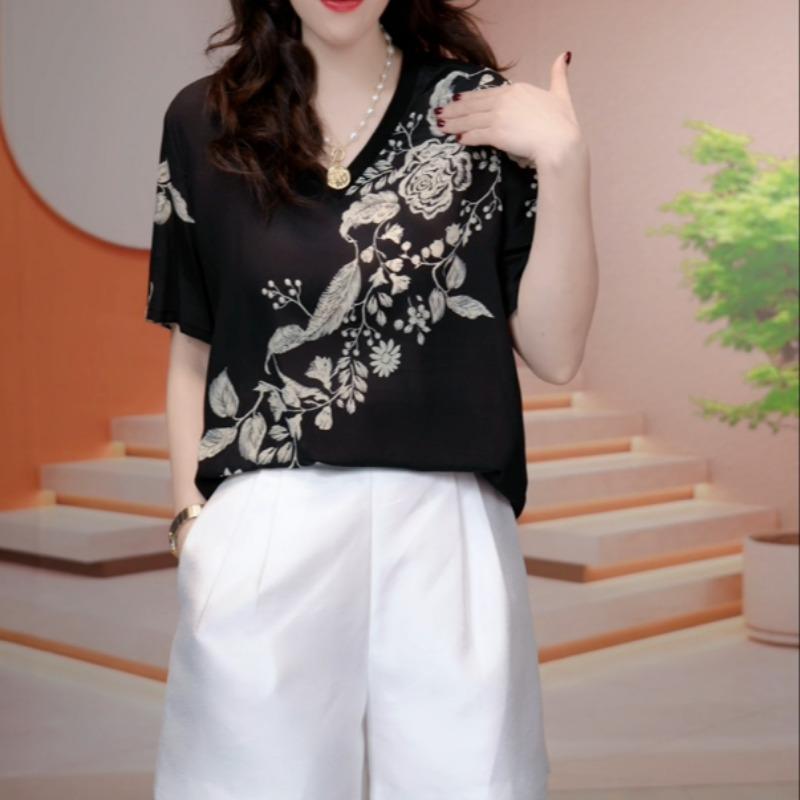 Women Clothing Summer Fashion Vintage Elegant Floral Print Ice Silk T Shirt Ladies Casual V Neck Short Sleeve Loose Basic Tops