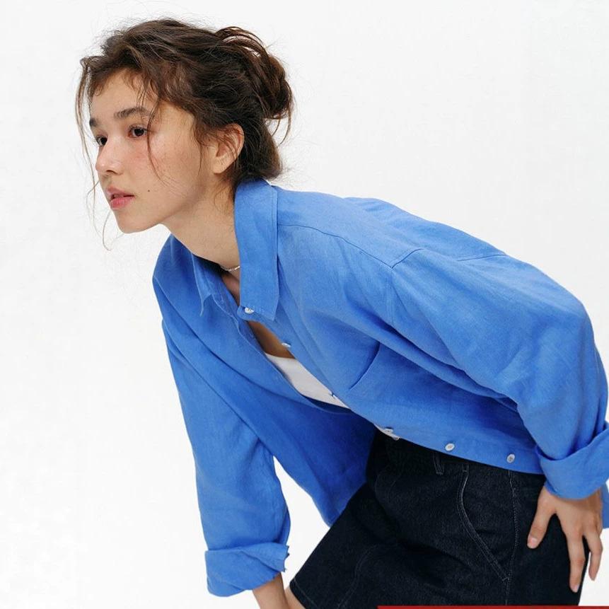 Peach, French simple and loose thin% linen shirt women's summer new sunscreen shirt top