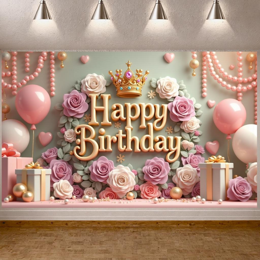 Rose Birthday Banner Gold Crown Celebration Backdrop Princess Birthday Background Golden Lettering Birthday Celebration Display