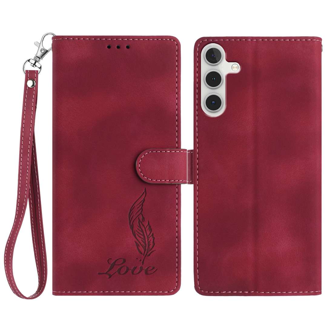 

For Samsung Galaxy A26 5G Case Imprinted Feather PU Leather Wallet Phone Cover with Wrist Strap Red
