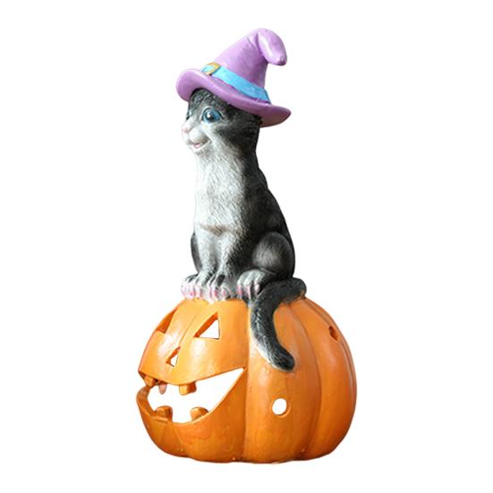 Halloween Cat on Pumpkin Figurine Cute Pumpkin Cat Statue Indoor Resin Sculpture for Shelf Tabletop Bedroom Entryway Decor