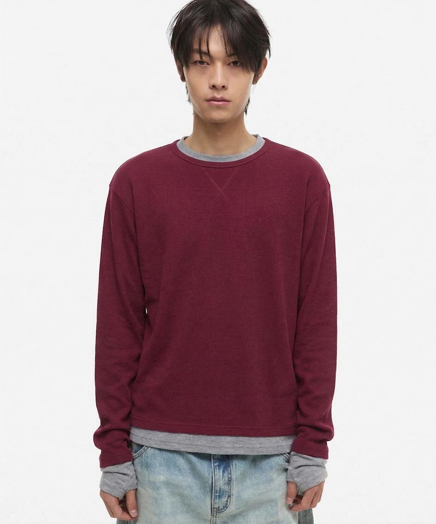 DNSR [Onflik X Dnsr] Layered Boat Neck Long Sleeve Burgundy/Grey