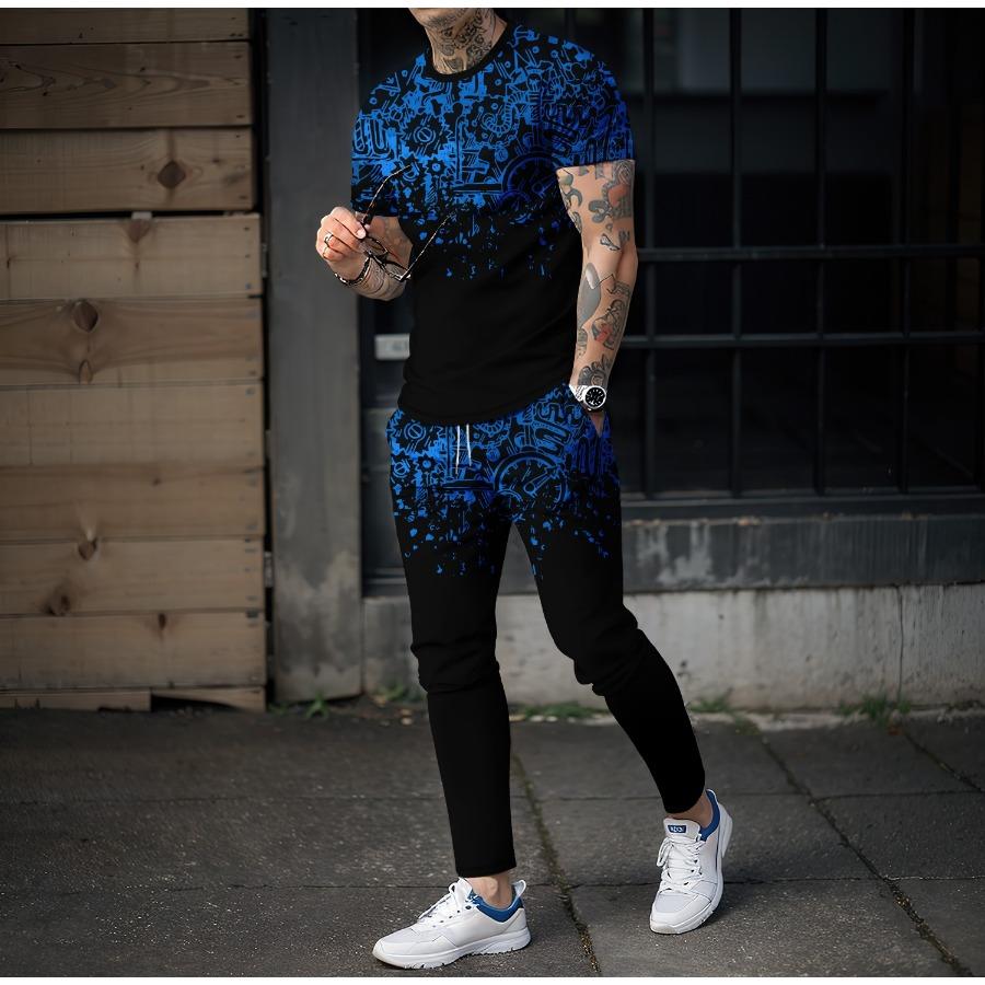 Color Graffiti Blending 3D Print Men Sportswear Set Short-Sleeved T Shirt Pants 2-Piece Set Oversized Pullover Men Clothing