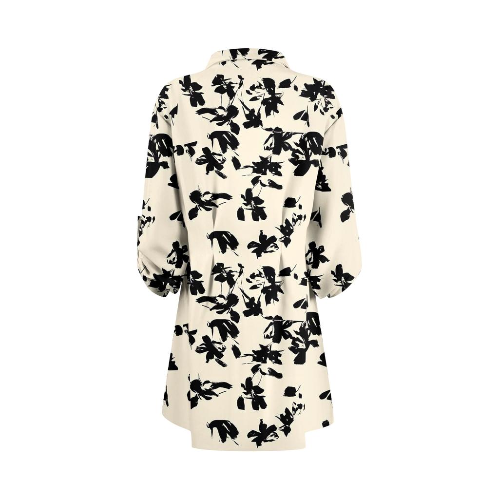 Damen Locker sitzendes V-Ausschnitt Langarmkleid Druck Arbeitshemdkleid