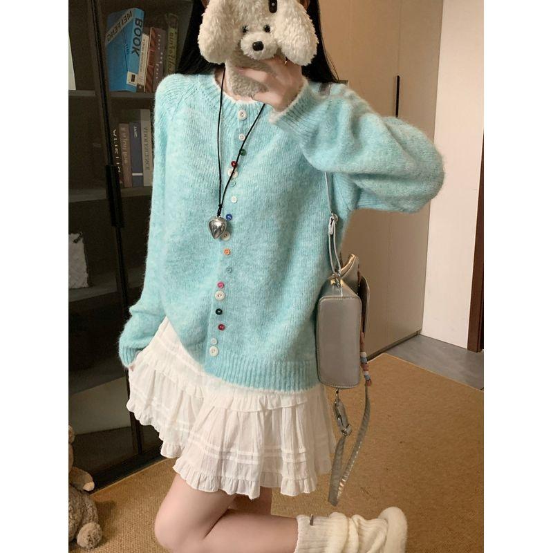 Kumikumi Sweet Chic Color Button Sweater Outwear Female Autumn Loose Slim Looking Niche Style Anti-Aging Top